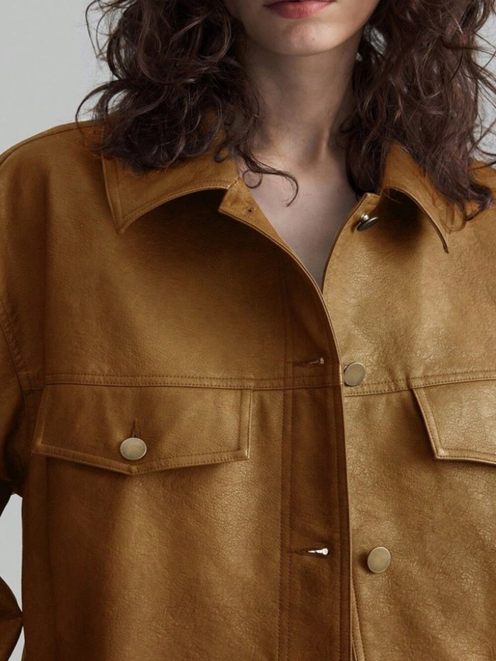 Camel Faux Leather Snap Front Jacket with Flap Pockets - Picture 8 of 9